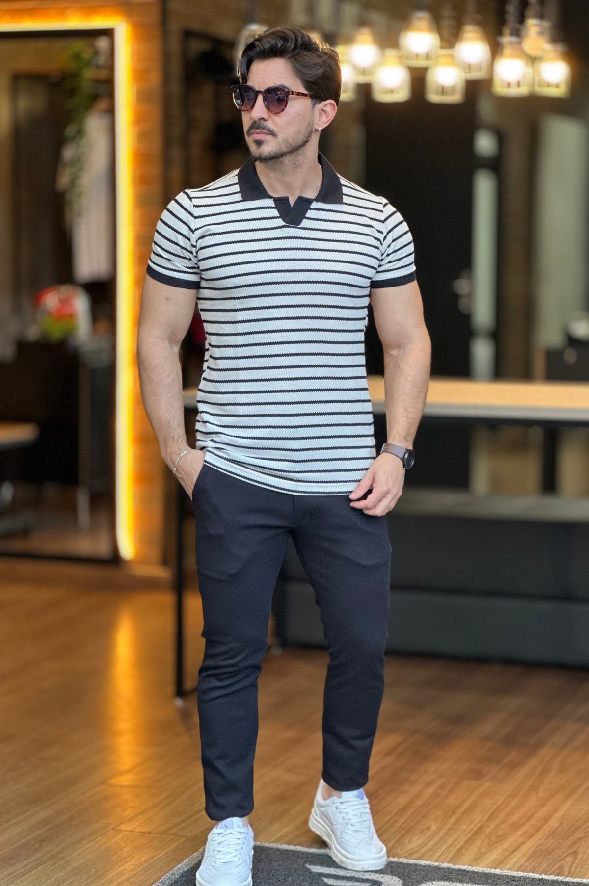 Polo Malha Listrada Preto King&Joe