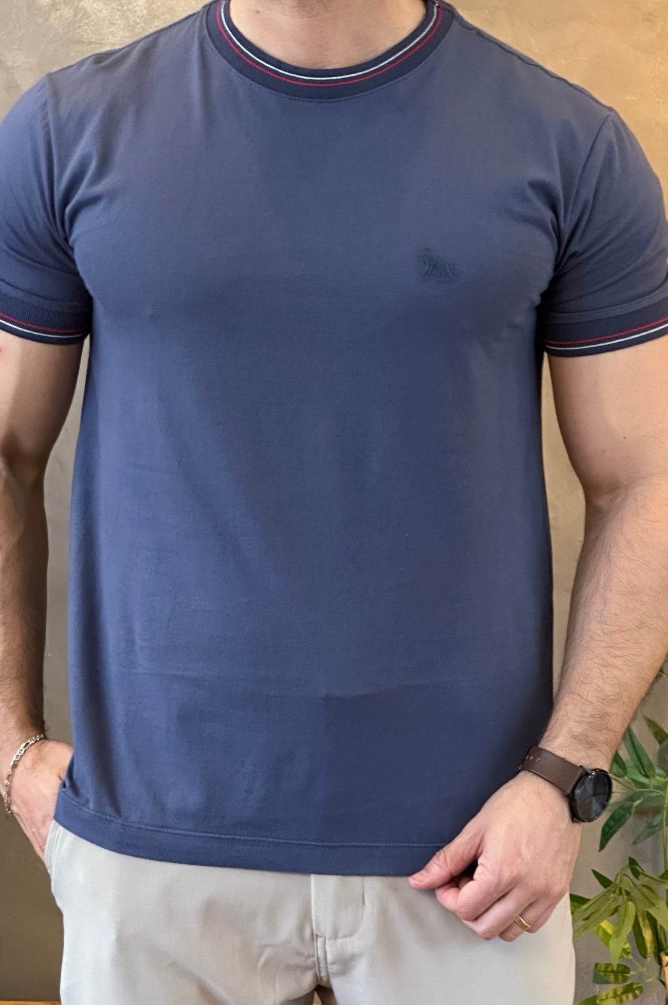 Camiseta Azul Com Detalhe Gola Acostamento
