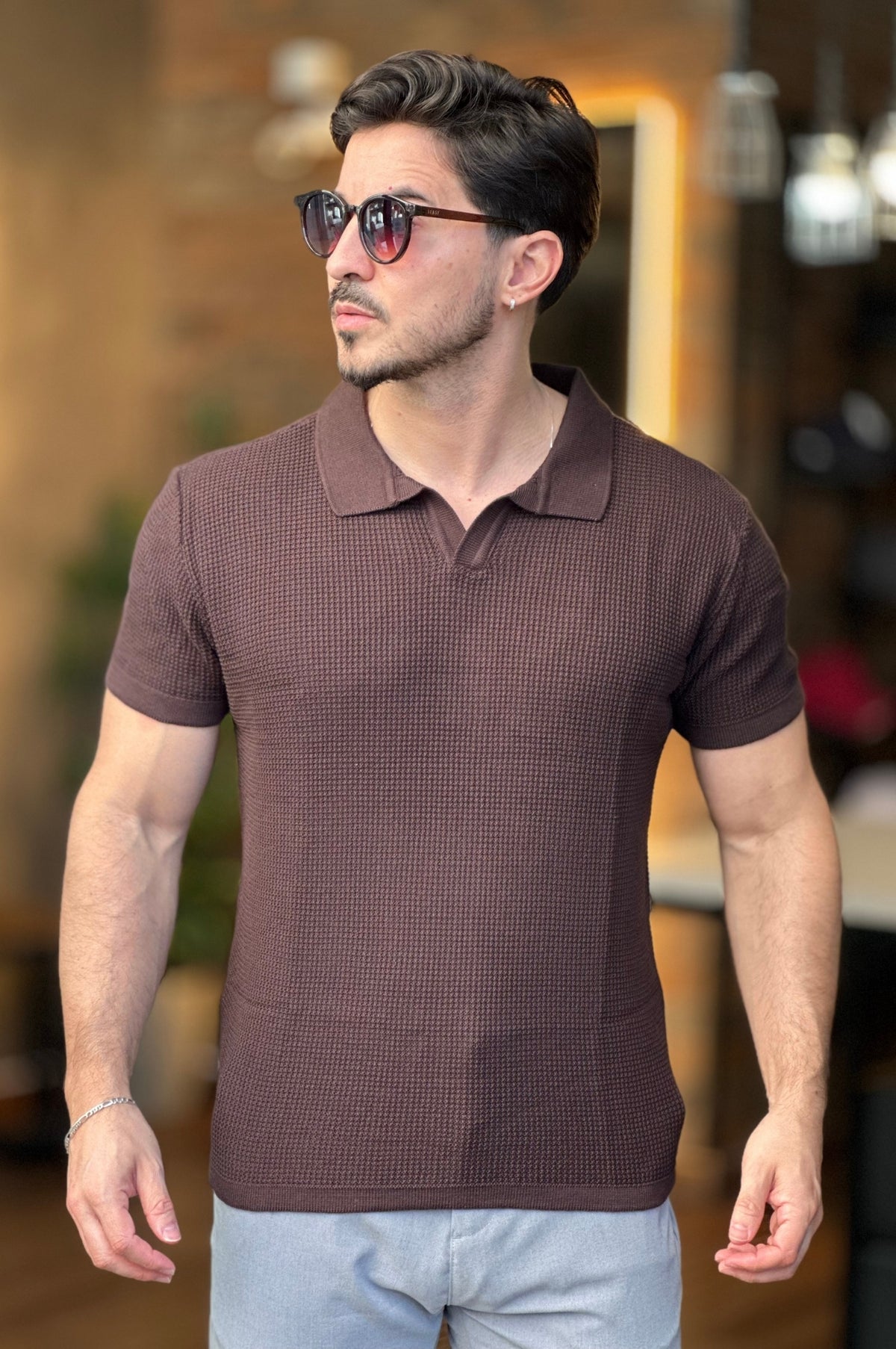 Polo Tricot Texturizada Marrom
