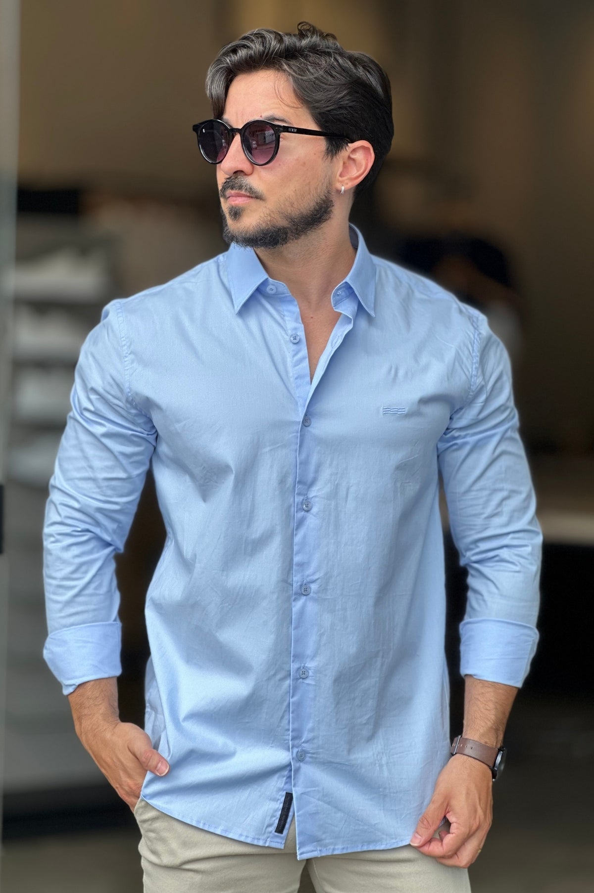 Camisa Social Azul com Elastano King&Joe