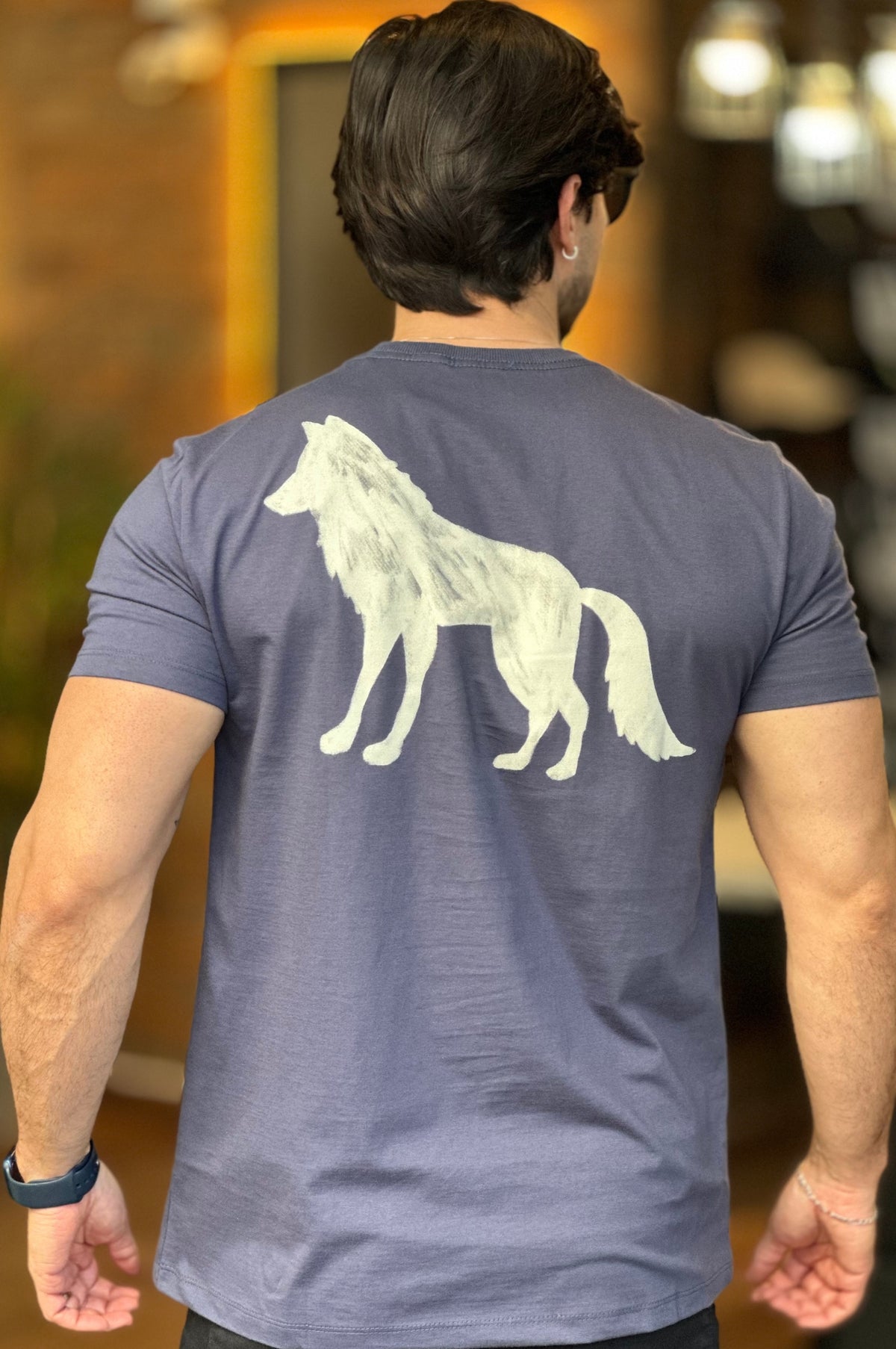 Camiseta Azul com Lobo nas Costas