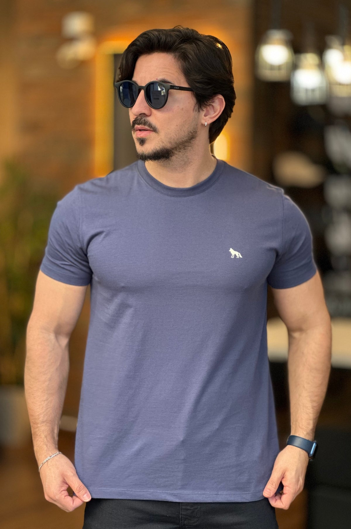 Camiseta Azul com Lobo nas Costas
