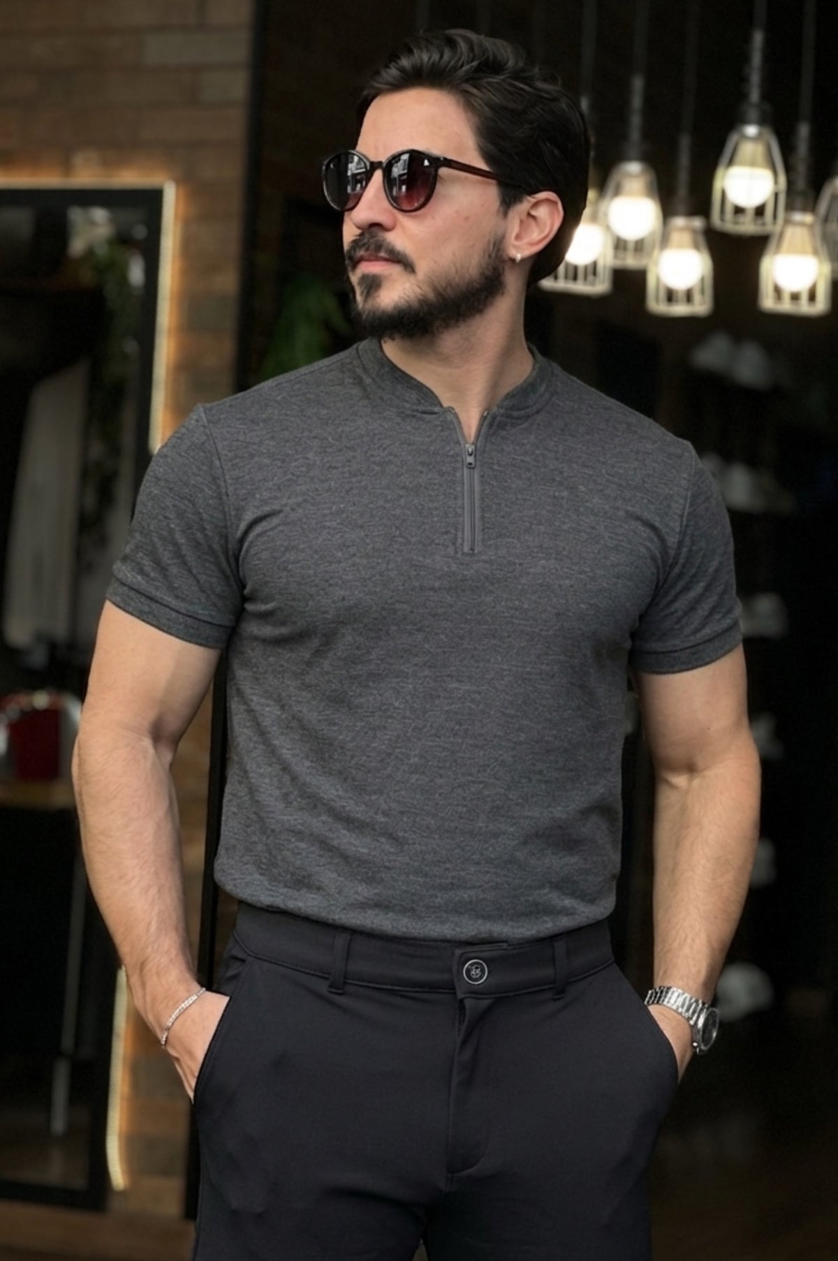 Camiseta Masculina Henley com Zíper