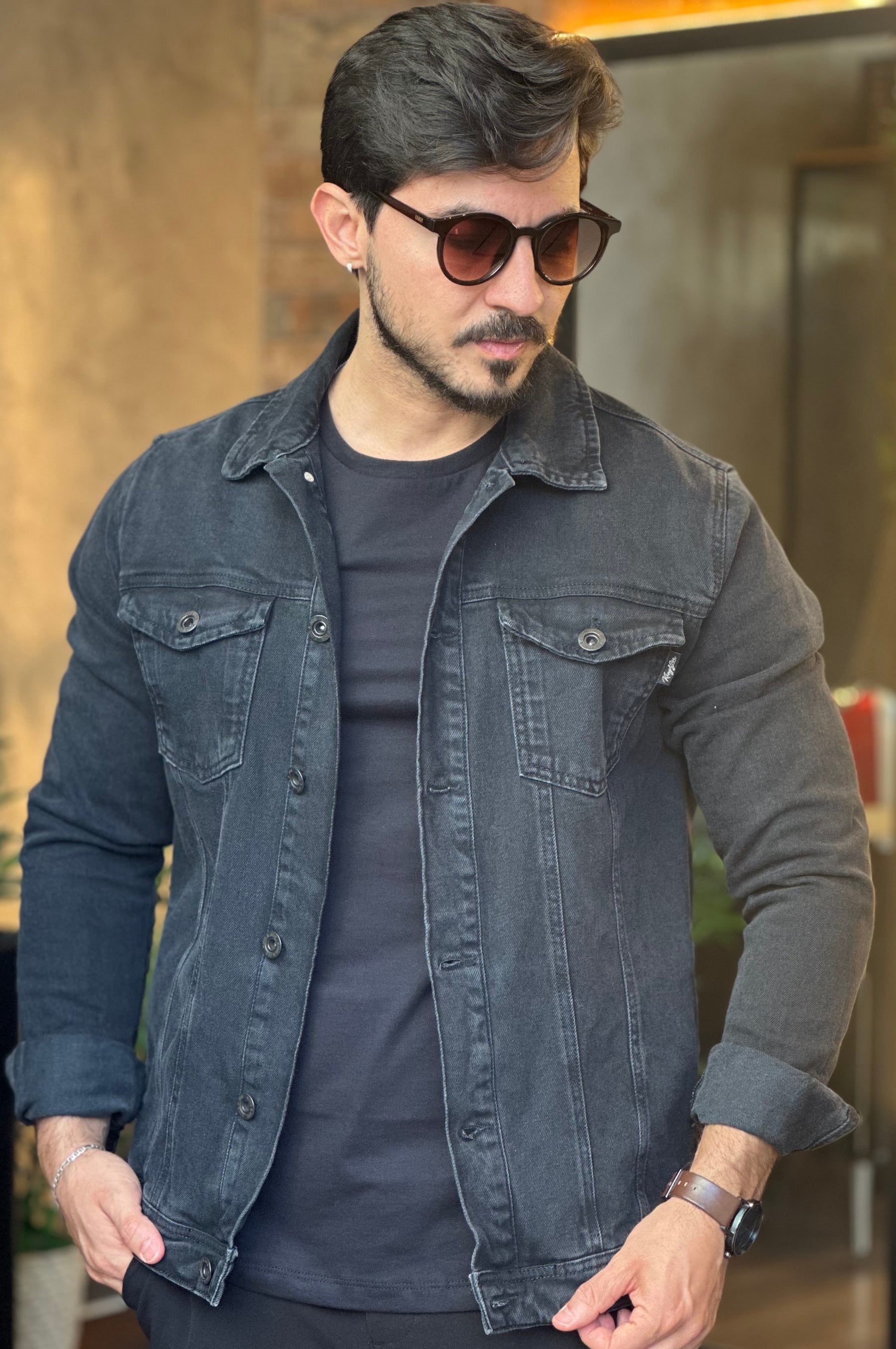Jaqueta Jeans Preta Estonada - KingJoe