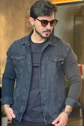 Jaqueta Jeans Preta Estonada - KingJoe