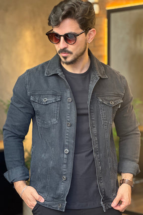 Jaqueta Jeans Preta Estonada - KingJoe