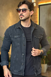Jaqueta Jeans Preta Estonada - KingJoe